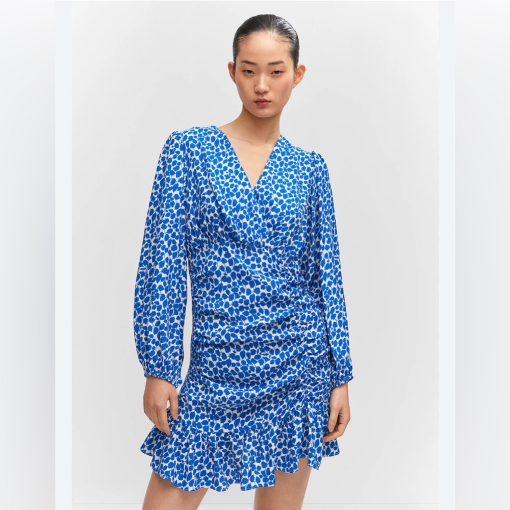 Mango Blue and White Long Sleeve Dress